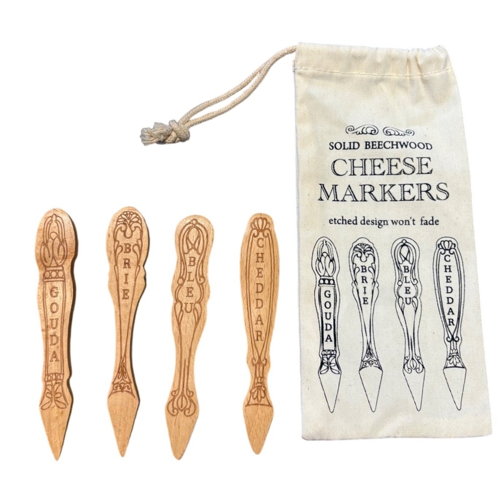 Solid Beechwood Cheese Markers Set of 4 with Storage Bag Gouda Brie Bleu Cheddar